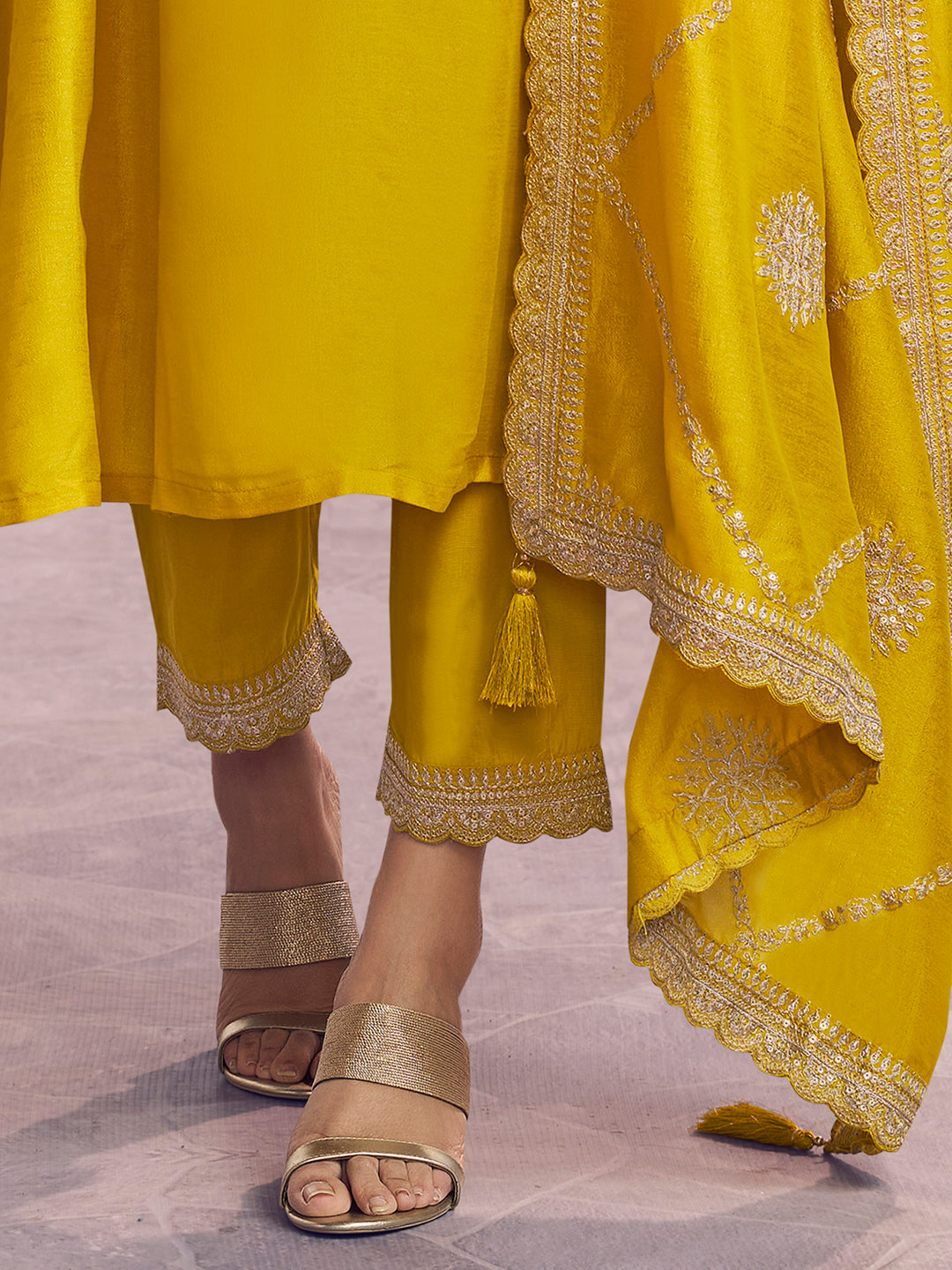 Yellow Embroidery A-Line Kurta With Dyed Trousers And Embroidery Dupatta