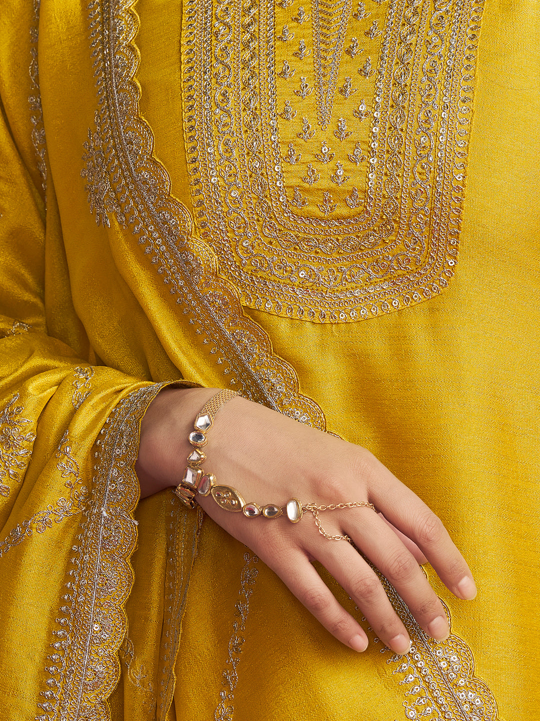 Yellow Embroidery A-Line Kurta With Dyed Trousers And Embroidery Dupatta