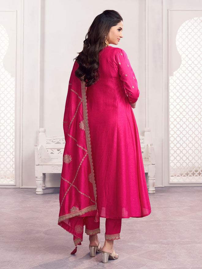 Pink Embroidery A-Line Kurta With Dyed Trousers And Jaal Embroidery Dupatta