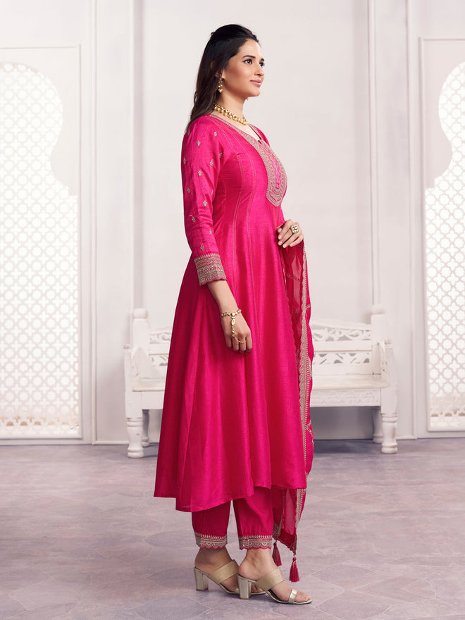 Pink Embroidery A-Line Kurta With Dyed Trousers And Jaal Embroidery Dupatta