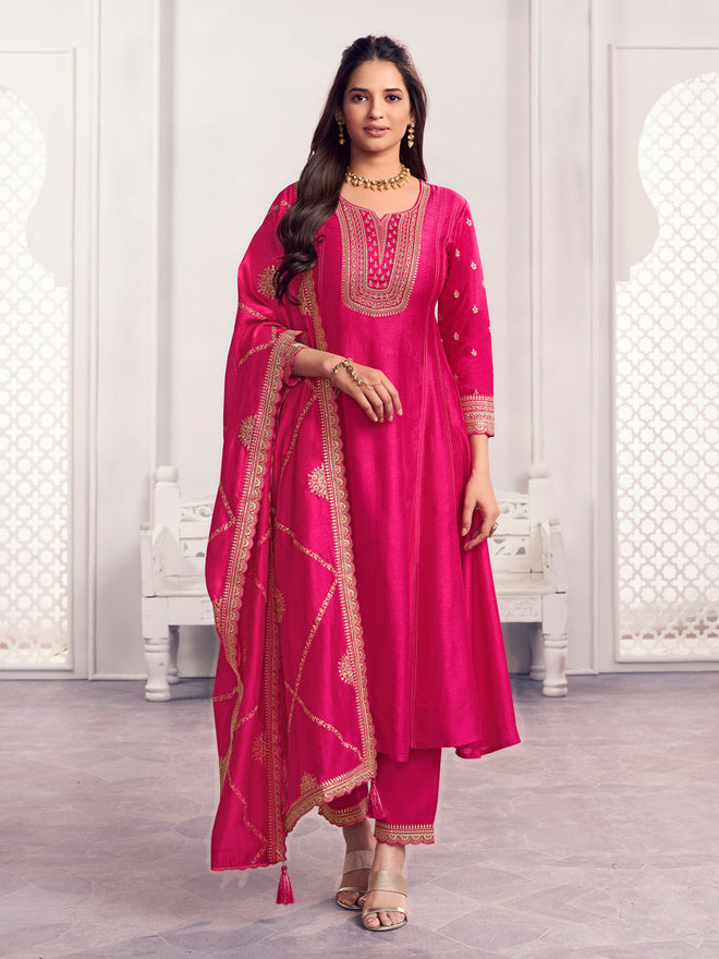 Pink Embroidery A-Line Kurta With Dyed Trousers And Jaal Embroidery Dupatta