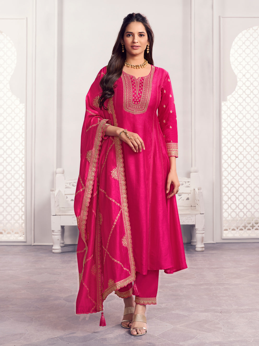 Pink Embroidery A-Line Kurta With Dyed Trousers And Embroidery Dupatta