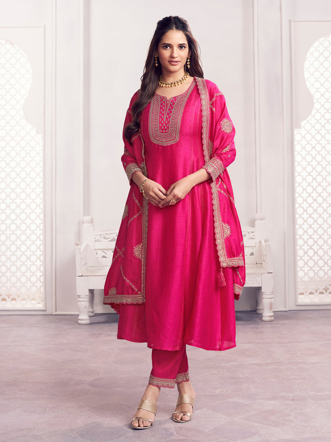 Pink Embroidery A-Line Kurta With Dyed Trousers And Jaal Embroidery Dupatta