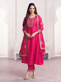 Pink Embroidery A-Line Kurta With Dyed Trousers And Jaal Embroidery Dupatta