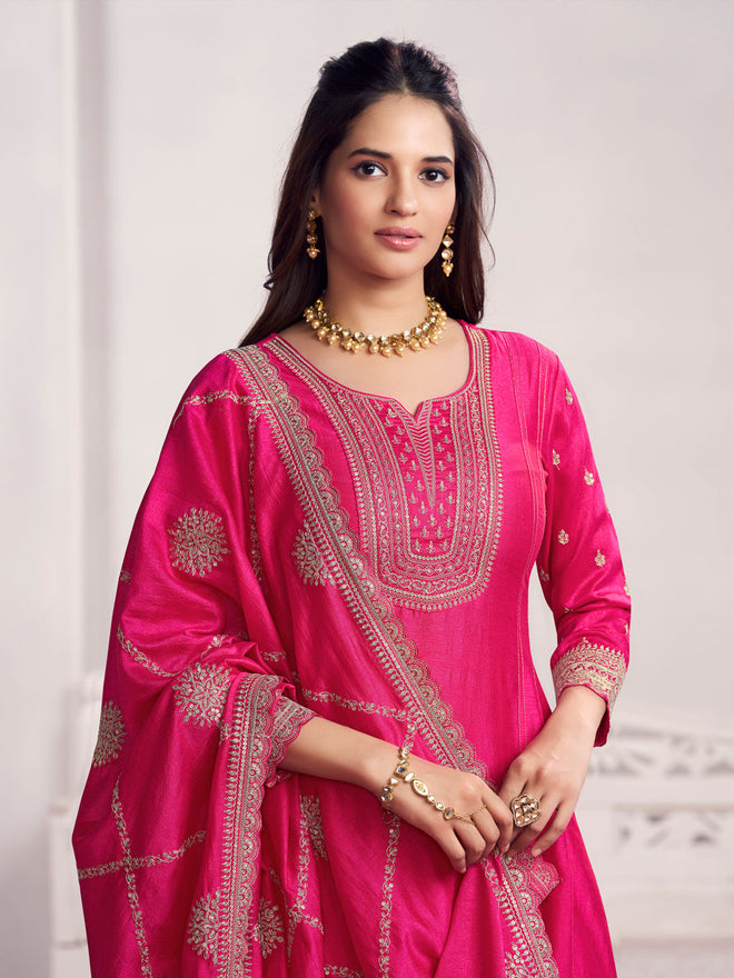 Pink Embroidery A-Line Kurta With Dyed Trousers And Jaal Embroidery Dupatta