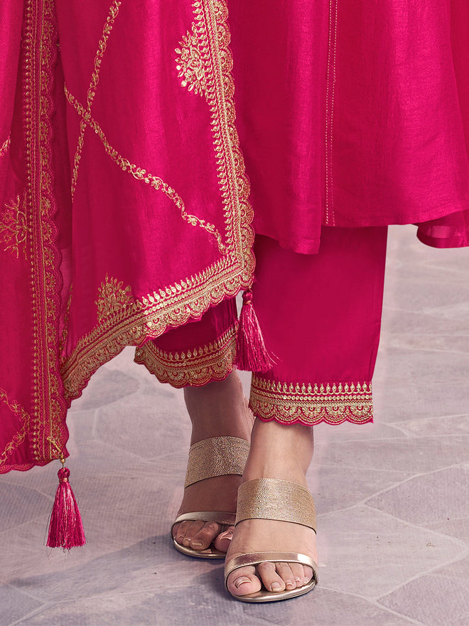 Pink Embroidery A-Line Kurta With Dyed Trousers And Jaal Embroidery Dupatta