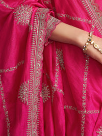 Pink Embroidery A-Line Kurta With Dyed Trousers And Jaal Embroidery Dupatta