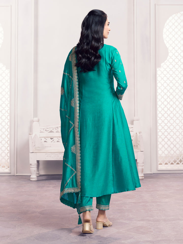 Green Embroidery A-Line Kurta With Dyed Trousers And Embroidery Dupatta