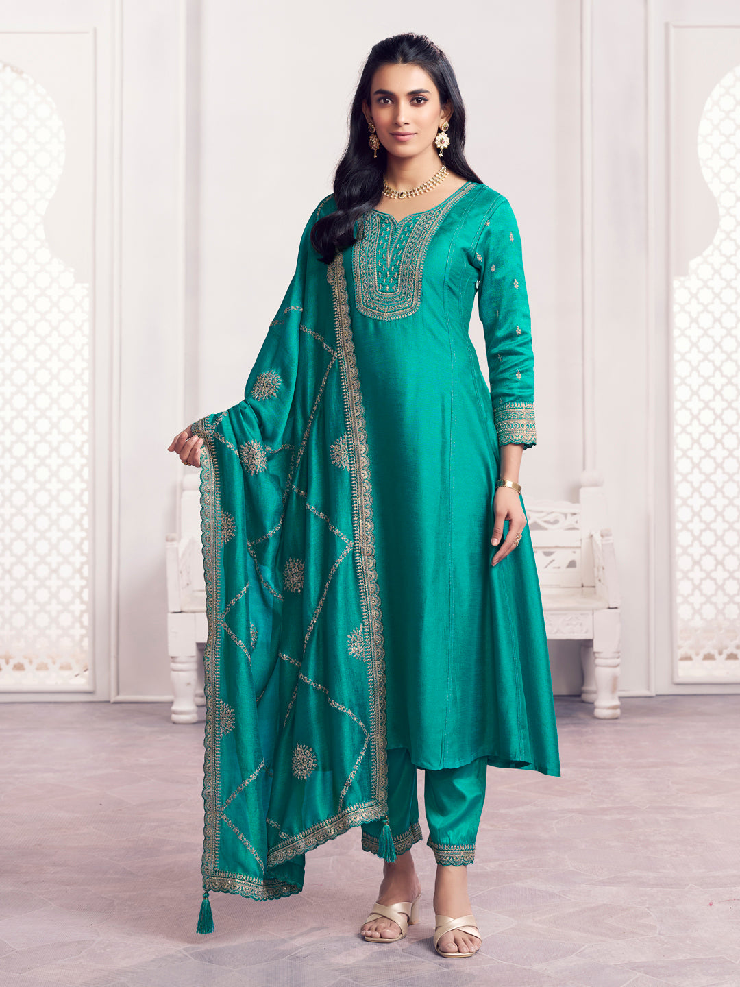 Green Embroidery A-Line Kurta With Dyed Trousers And Embroidery Dupatta