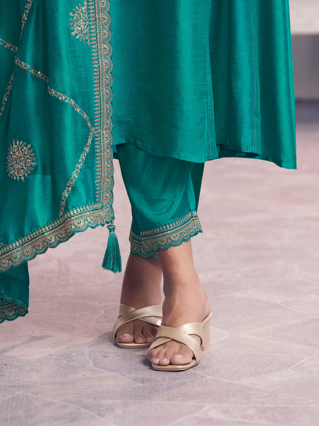 Green Embroidery A-Line Kurta With Dyed Trousers And Embroidery Dupatta