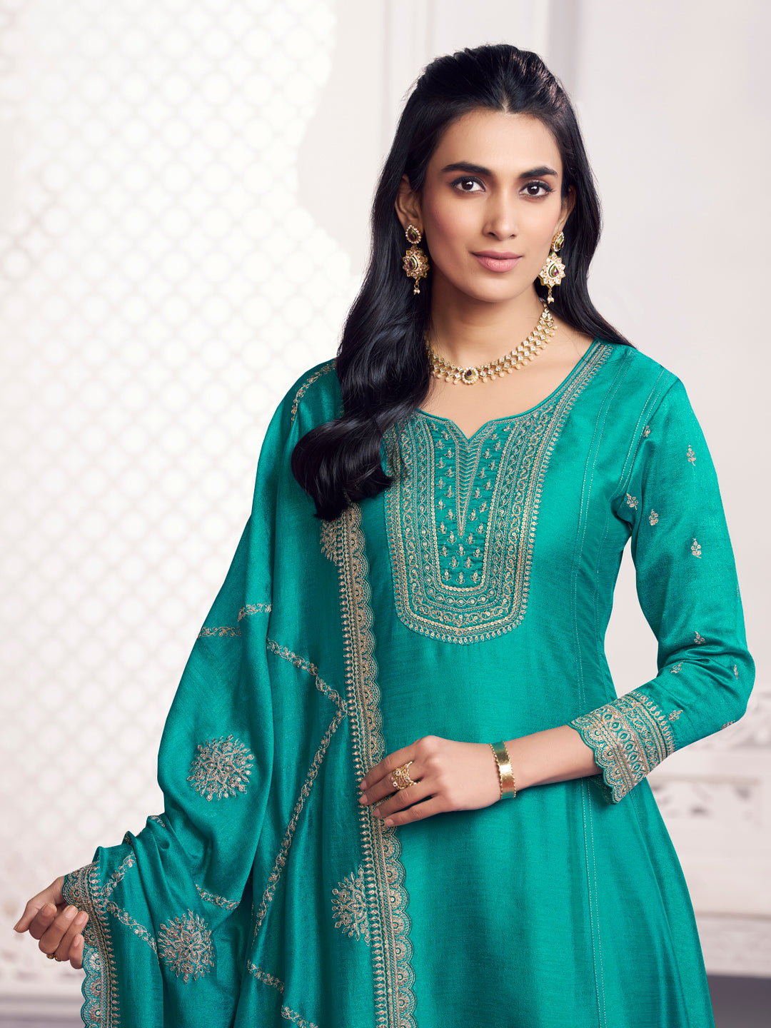 Green Embroidery A-Line Kurta With Dyed Trousers And Embroidery Dupatta