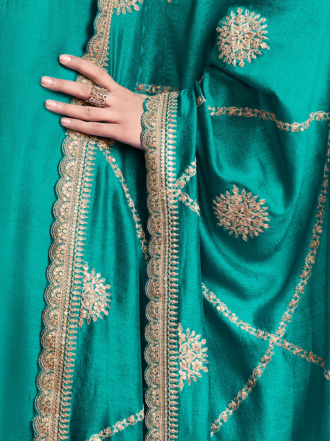 Green Embroidery A-Line Kurta With Dyed Trousers And Embroidery Dupatta