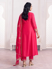 Pink Embroidery A-Line Kurta With Dyed Trousers And Embroidery With Mina Dupatta