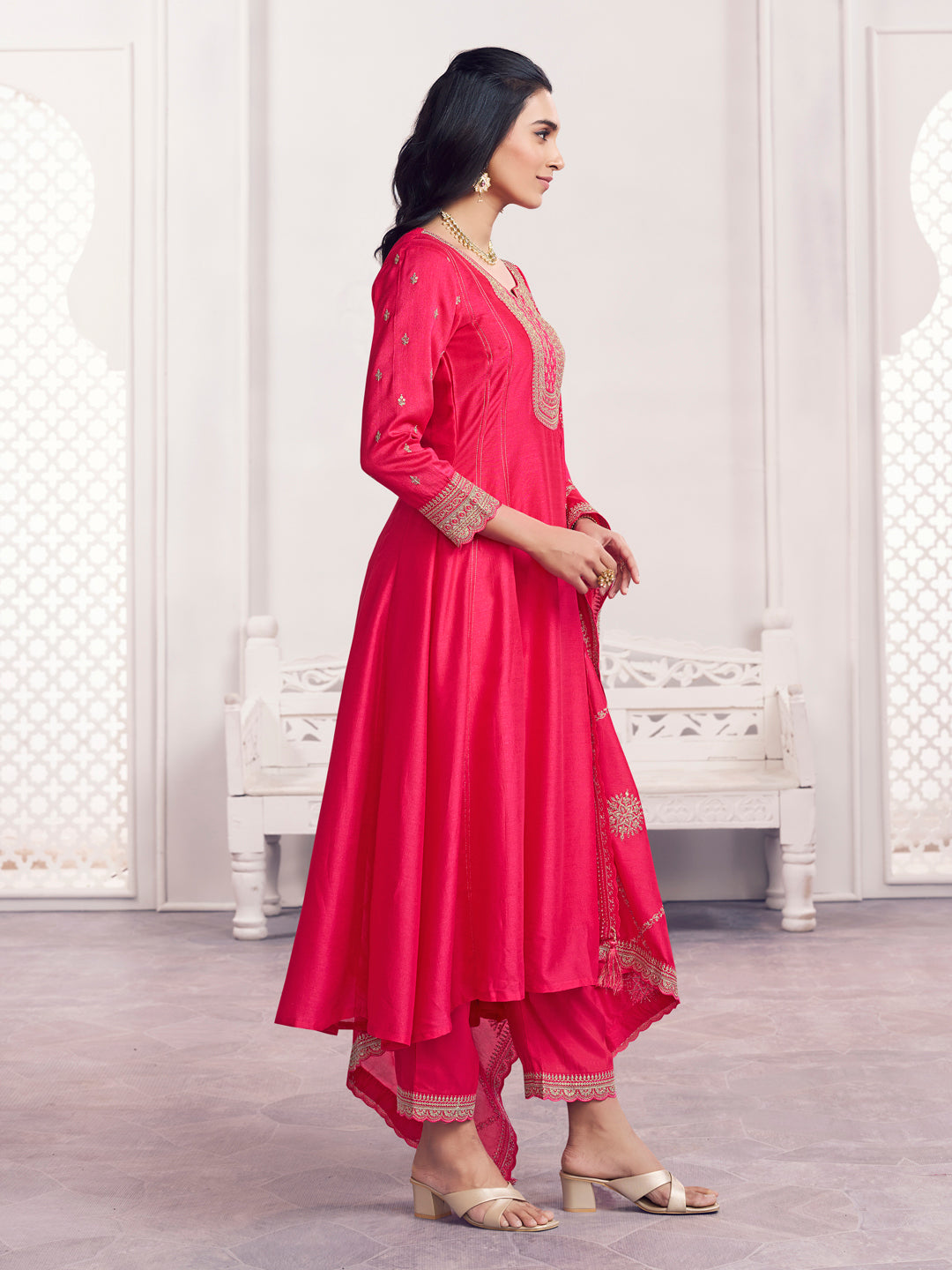 Pink Embroidery A-Line Kurta With Dyed Trousers And Embroidery Dupatta