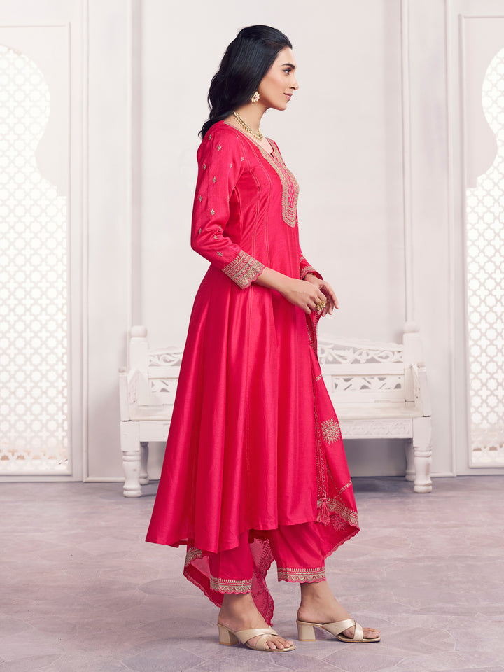 Pink Embroidery A-Line Kurta With Dyed Trousers And Embroidery Dupatta