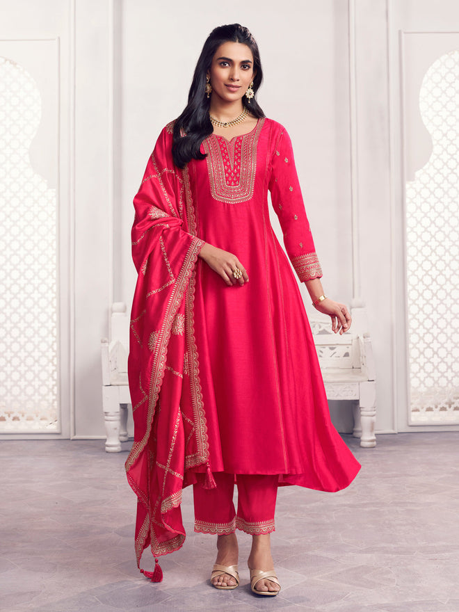 Pink Embroidery A-Line Kurta With Dyed Trousers And Embroidery With Mina Dupatta