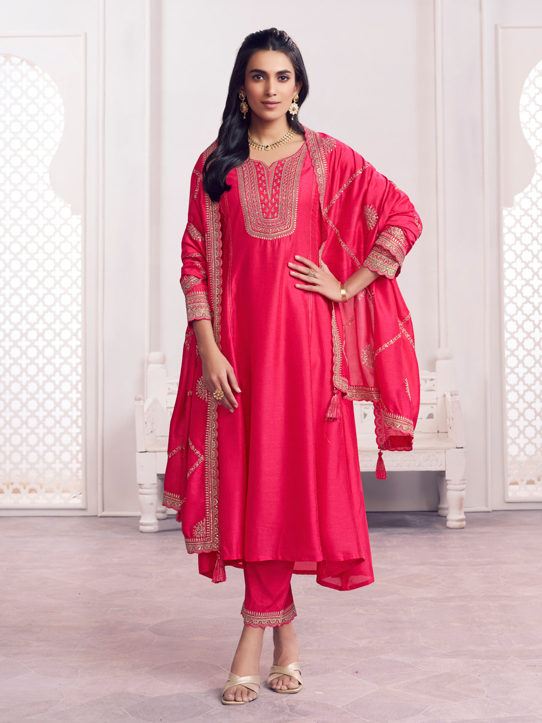 Pink Embroidery A-Line Kurta With Dyed Trousers And Embroidery Dupatta