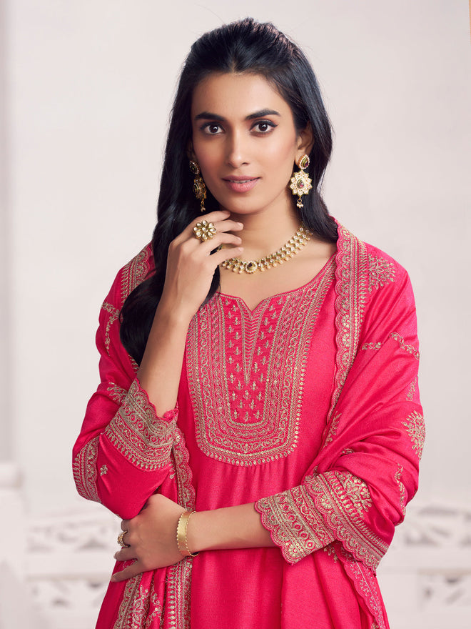 Pink Embroidery A-Line Kurta With Dyed Trousers And Embroidery With Mina Dupatta
