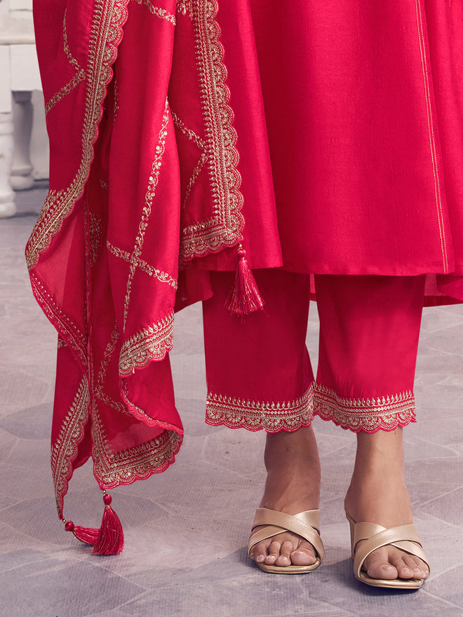 Pink Embroidery A-Line Kurta With Dyed Trousers And Embroidery With Mina Dupatta