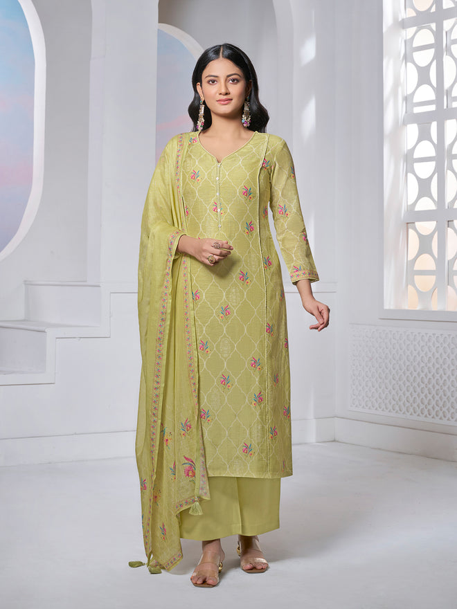 Olive Printed With Lace Work Straight Kurta With Dyed Trousers And Printed Dupatta