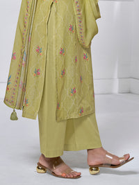 Olive Printed With Lace Work Straight Kurta With Dyed Trousers And Printed Dupatta
