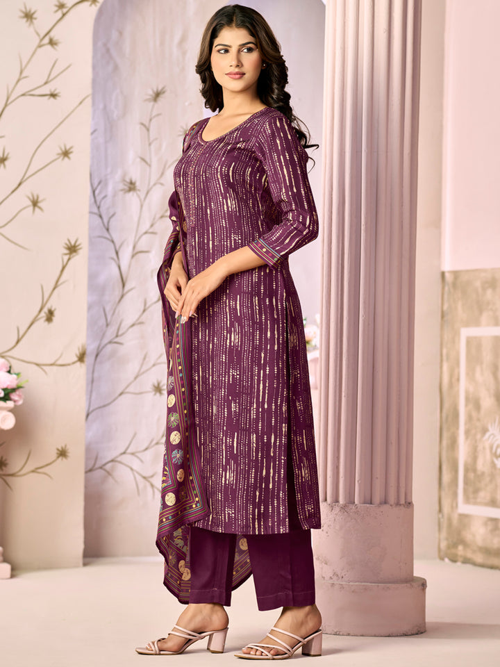 Purple Printed With Handwork Straight Kurta With Dyed Trousers And Printed Dupatta