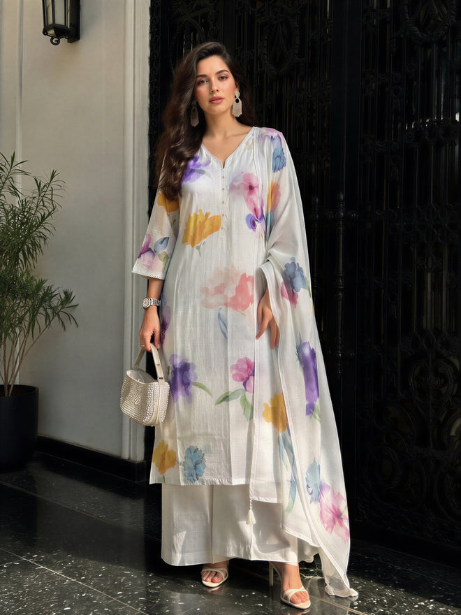 Women's Cream Linen Embellished Kurta with Trouser and Dupatta