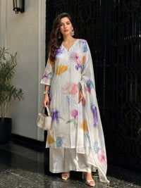 Women's Cream Linen Embellished Kurta with Trouser and Dupatta