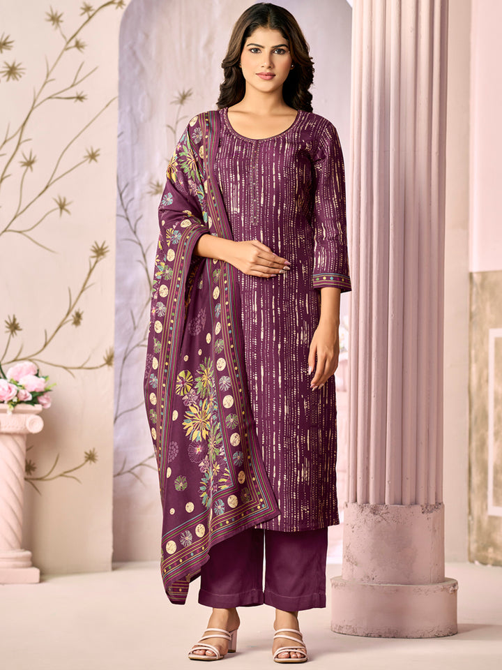 Purple Printed With Handwork Straight Kurta With Dyed Trousers And Printed Dupatta