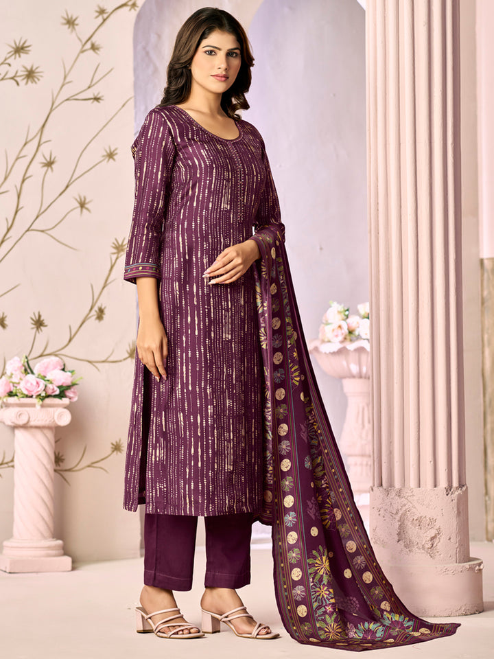 Purple Printed With Handwork Straight Kurta With Dyed Trousers And Printed Dupatta