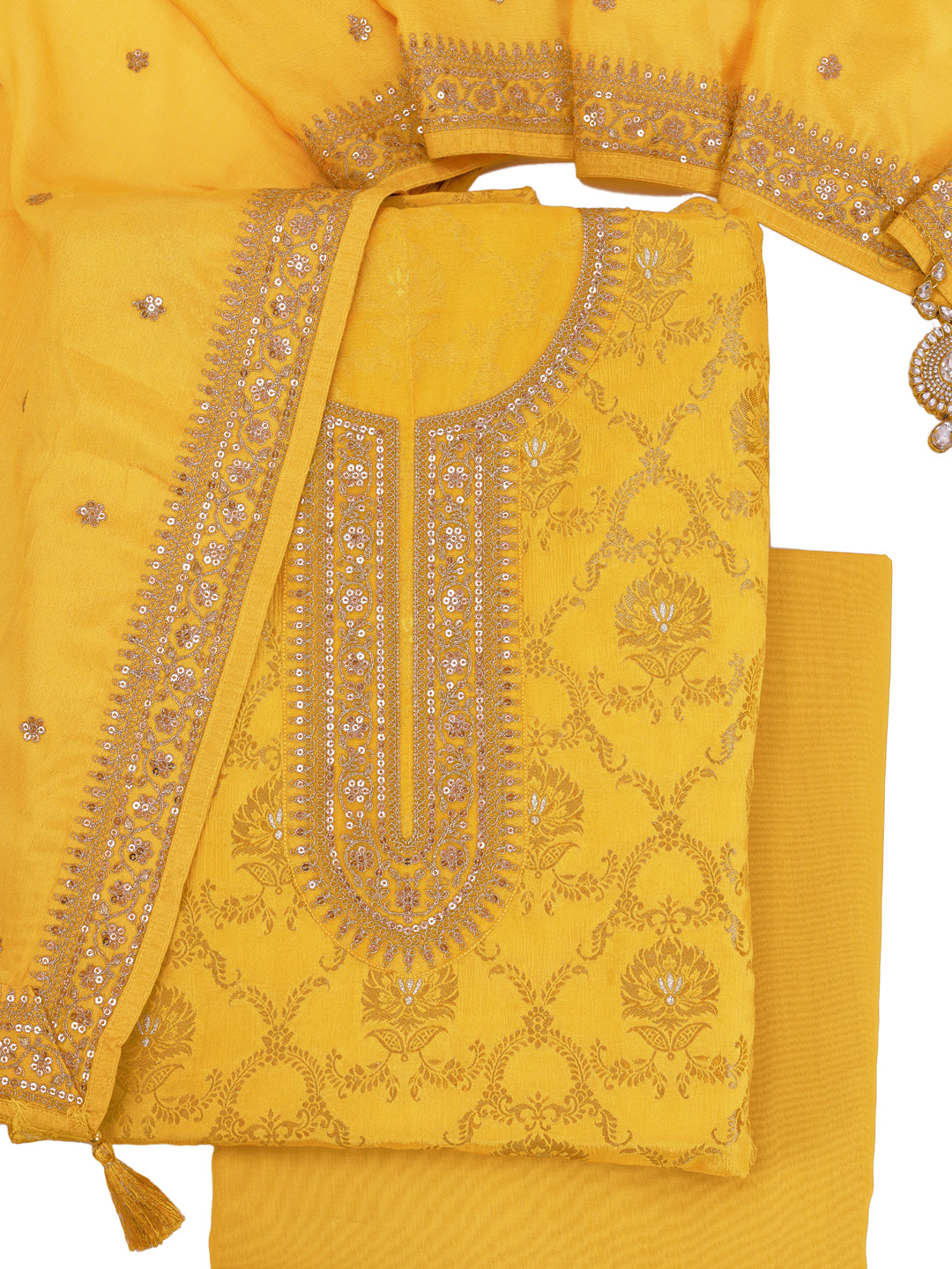 Yellow Chinon Embroidery Unstitched Salwar Suit