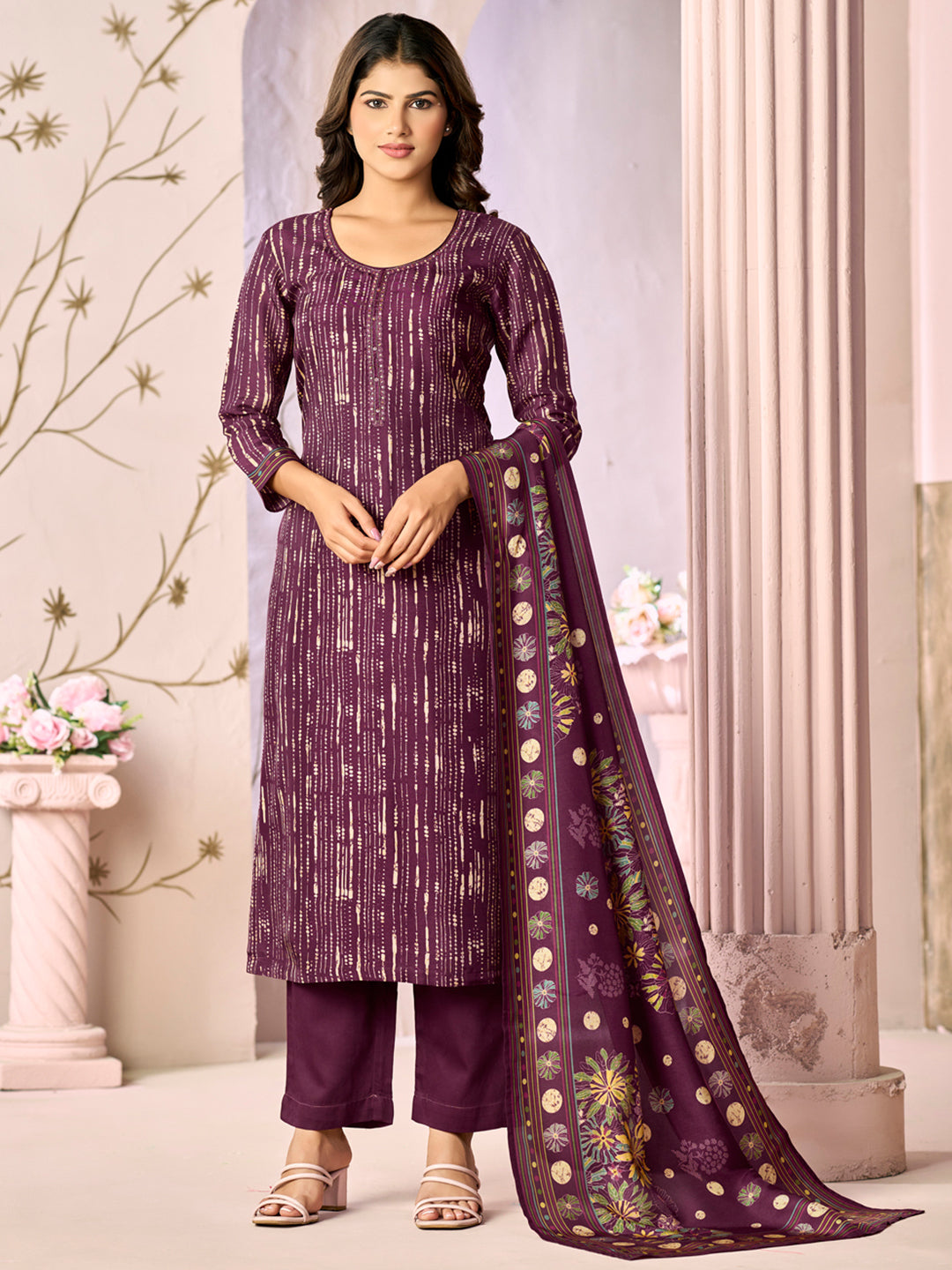 Purple Printed With Handwork Straight Kurta With Dyed Trousers And Printed Dupatta