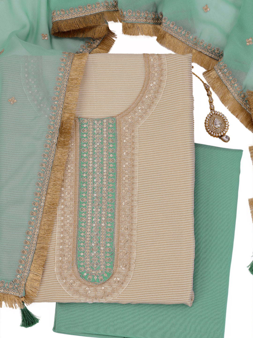 Off white Tissue Green contrast Unstitched Salwar Suit