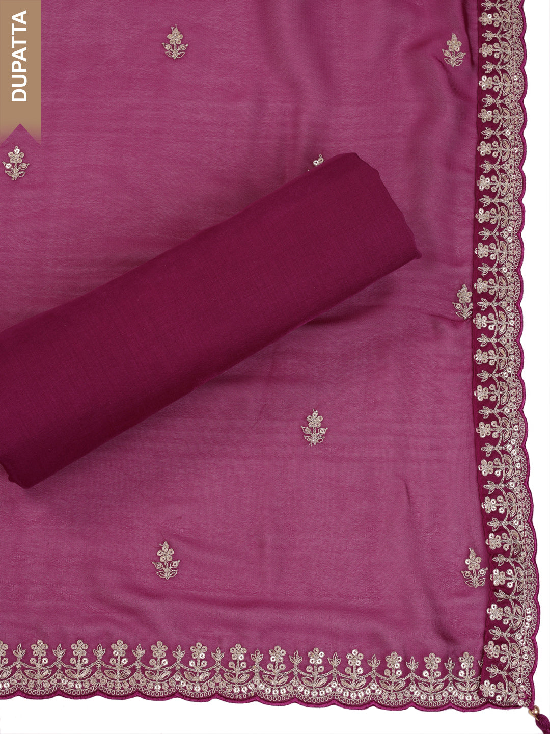 Wine Lotus Silk Kurta with Sequins Embroidery, Unstitched Salwar Suit.