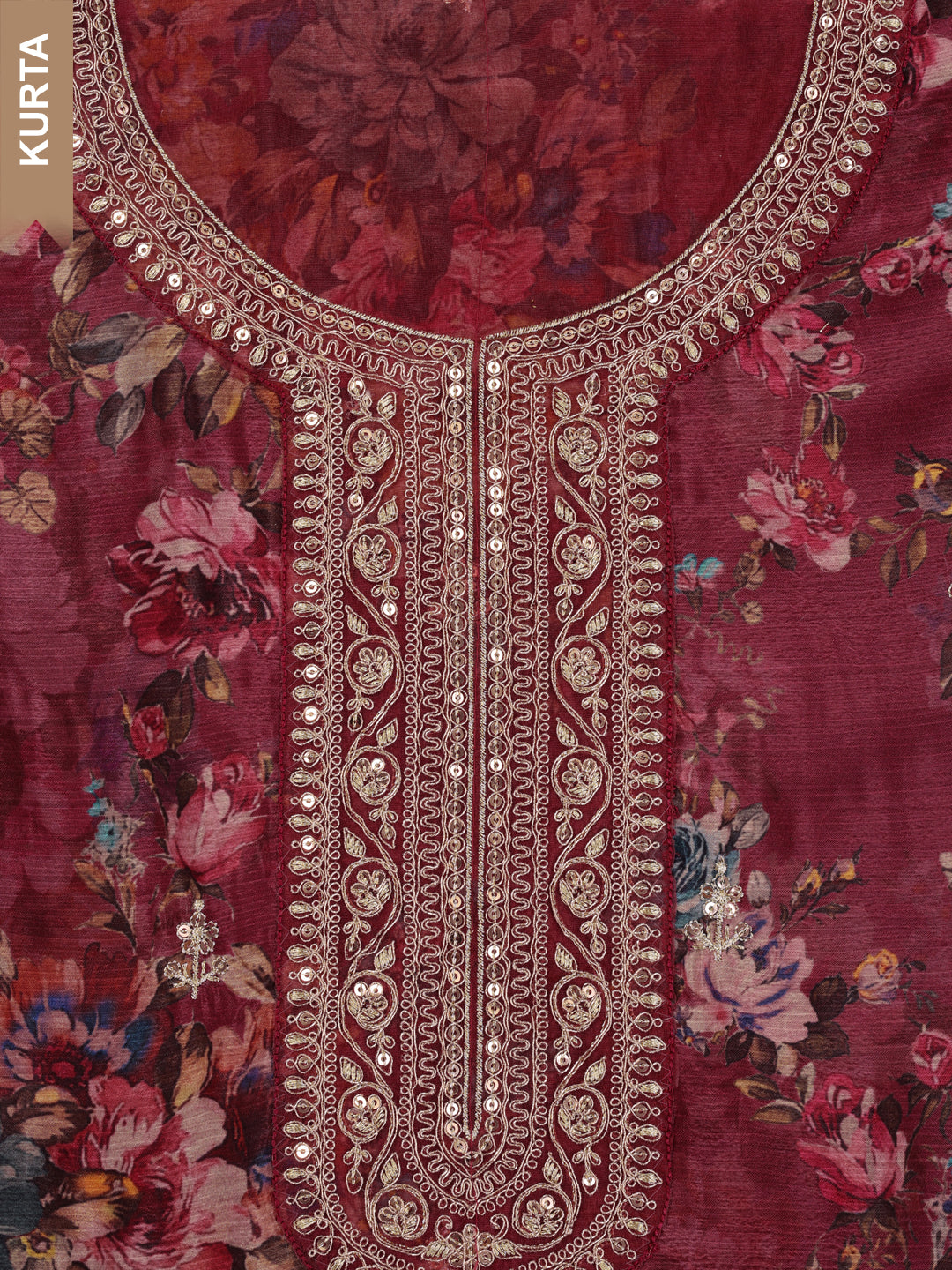 Red Chinon Floral Printed Top Embroidered Unstitched Salwar Suit