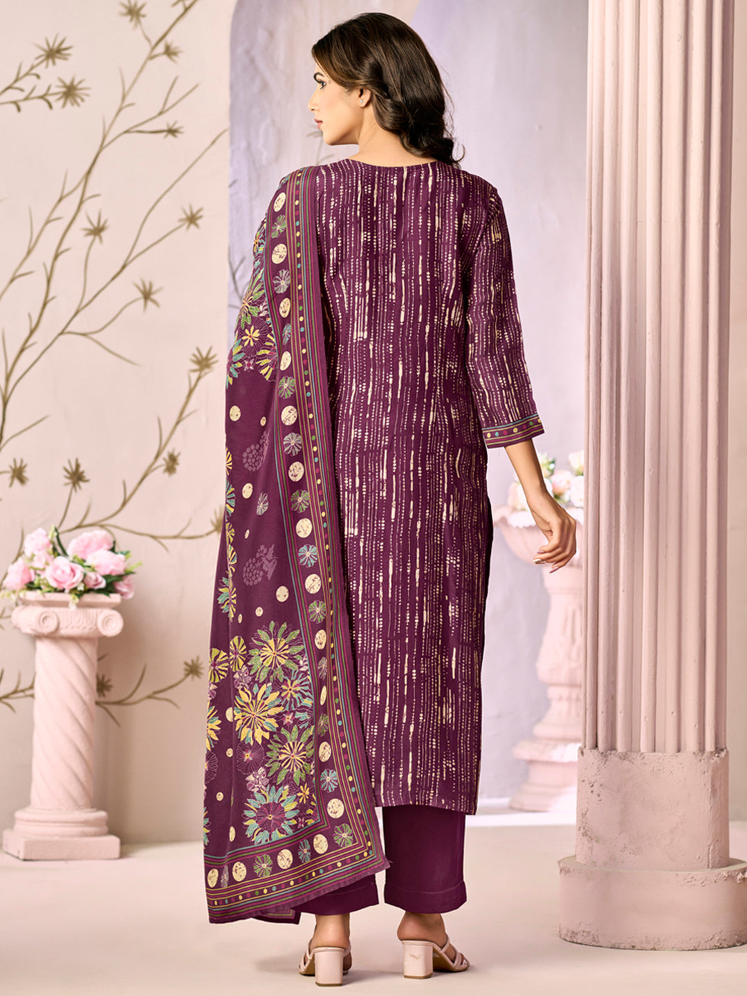 Purple Printed With Handwork Straight Kurta With Dyed Trousers And Printed Dupatta