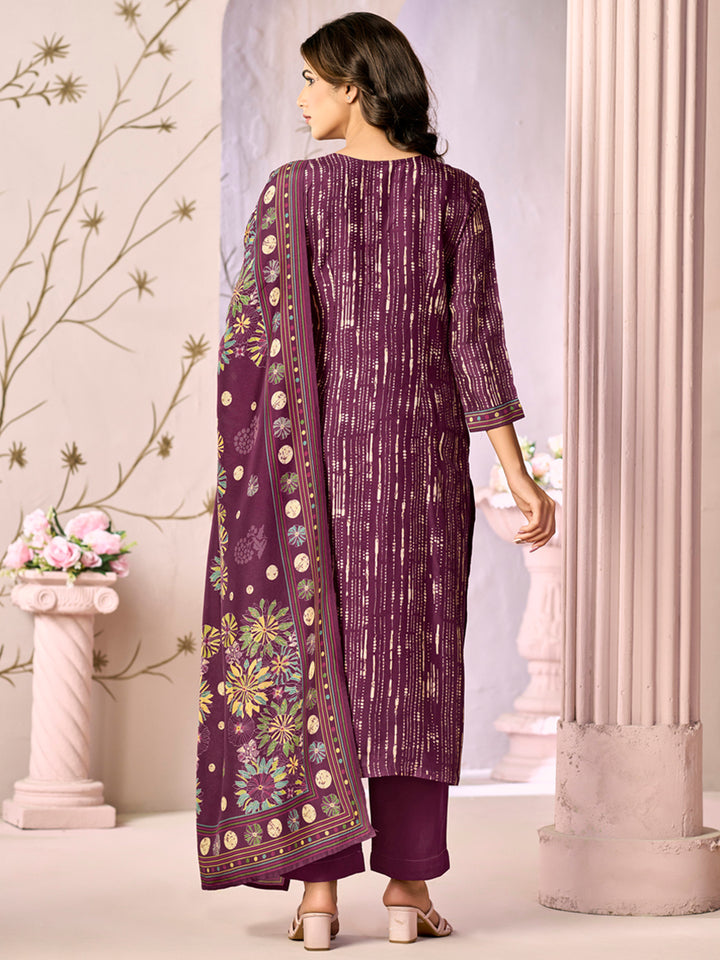 Purple Printed With Handwork Straight Kurta With Dyed Trousers And Printed Dupatta