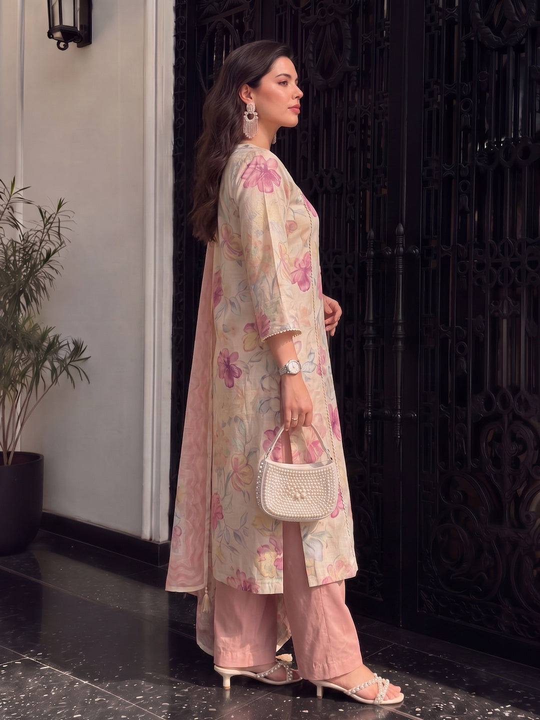 Women's Beige Pink Linen Kurta with Trouser and Dupatta
