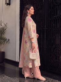 Women's Beige Pink Linen Embellished Kurta with Trouser and Dupatta