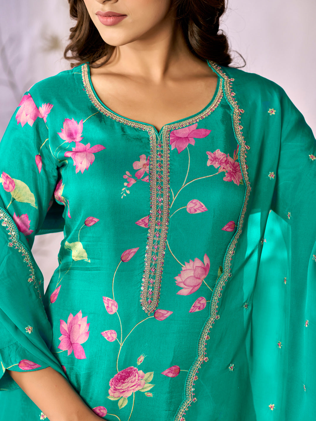Green Printed With Handwork Straight Kurta With Dyed Trousers And Embroidered Dupatta