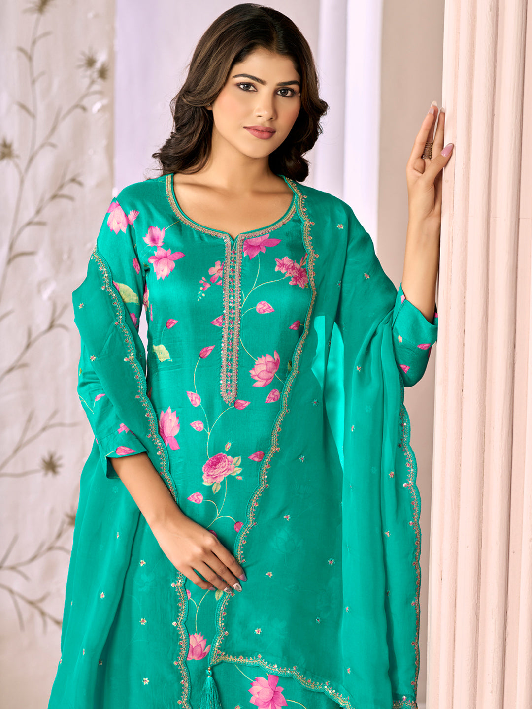 Green Printed Flower With Handwork Straight Kurta With Dyed Trousers And Embroidered Dupatta