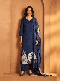Women's Navy Blue Floral Printed Kurta Pant Set with Dupatta