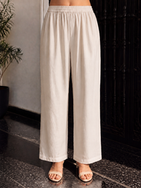 Women's Cream Linen Embellished Kurta with Trouser Set