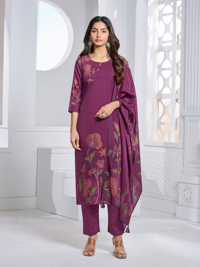 Maroon Printed With Handwork Straight Kurta With Dyed Trousers And Printed Dupatta
