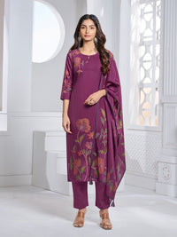 Maroon Printed With Handwork Straight Kurta With Dyed Trousers And Printed Dupatta