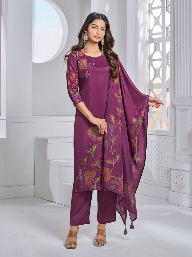 Maroon Printed With Handwork Straight Kurta With Dyed Trousers And Printed Dupatta