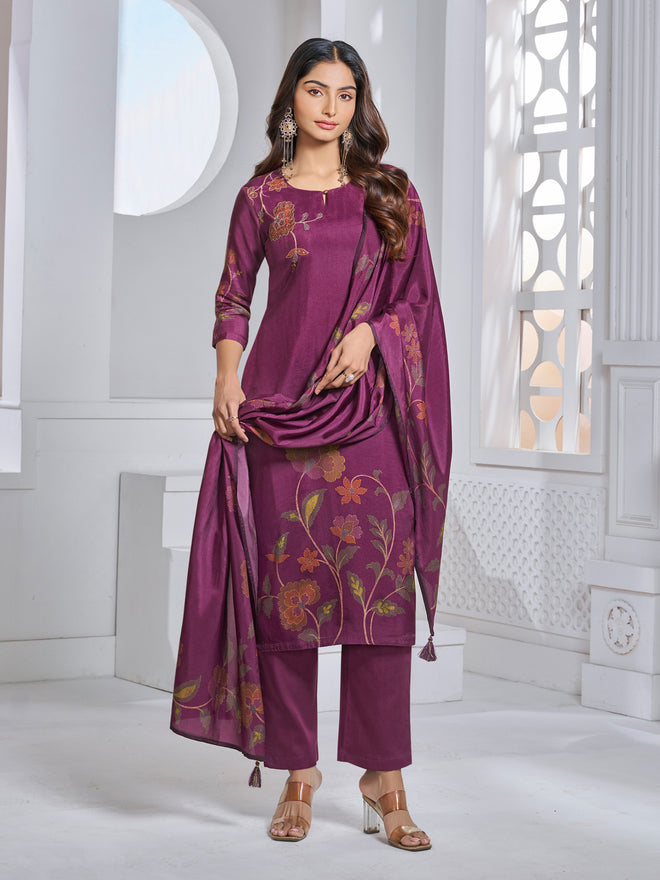 Maroon Printed With Handwork Straight Kurta With Dyed Trousers And Printed Dupatta