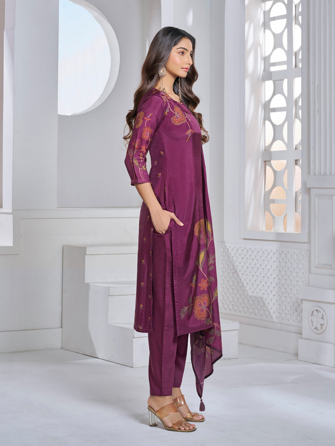 Maroon Printed With Handwork Straight Kurta With Dyed Trousers And Printed Dupatta