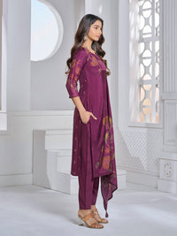 Maroon Printed With Handwork Straight Kurta With Dyed Trousers And Printed Dupatta
