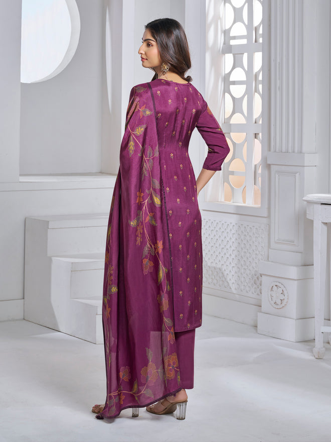 Maroon Printed With Handwork Straight Kurta With Dyed Trousers And Printed Dupatta